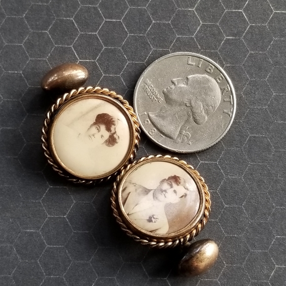 Relisted -Antique photo cufflinks gold tone photograph sepia - Picture 5 of 11
